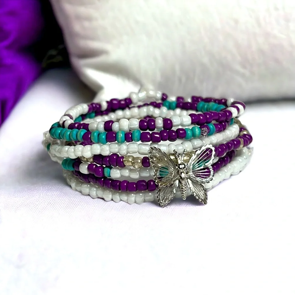Beaded bracelets butterfly purple blue white silver handmade stretchy